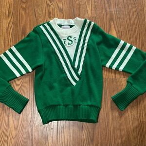 Vintage 1960s Cheerleader Varsity Sweater Green White V-Neck Letterman